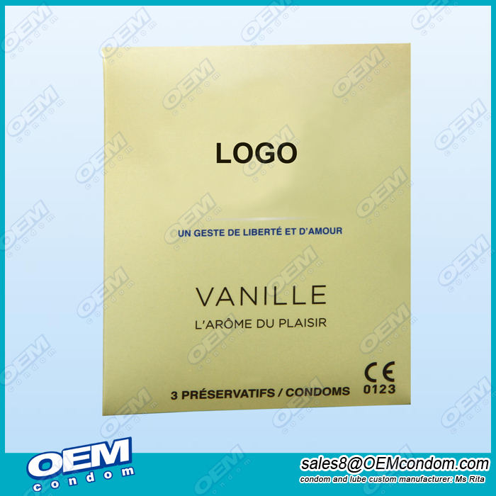 custom vanilla flavored condom with small sachet wallet
